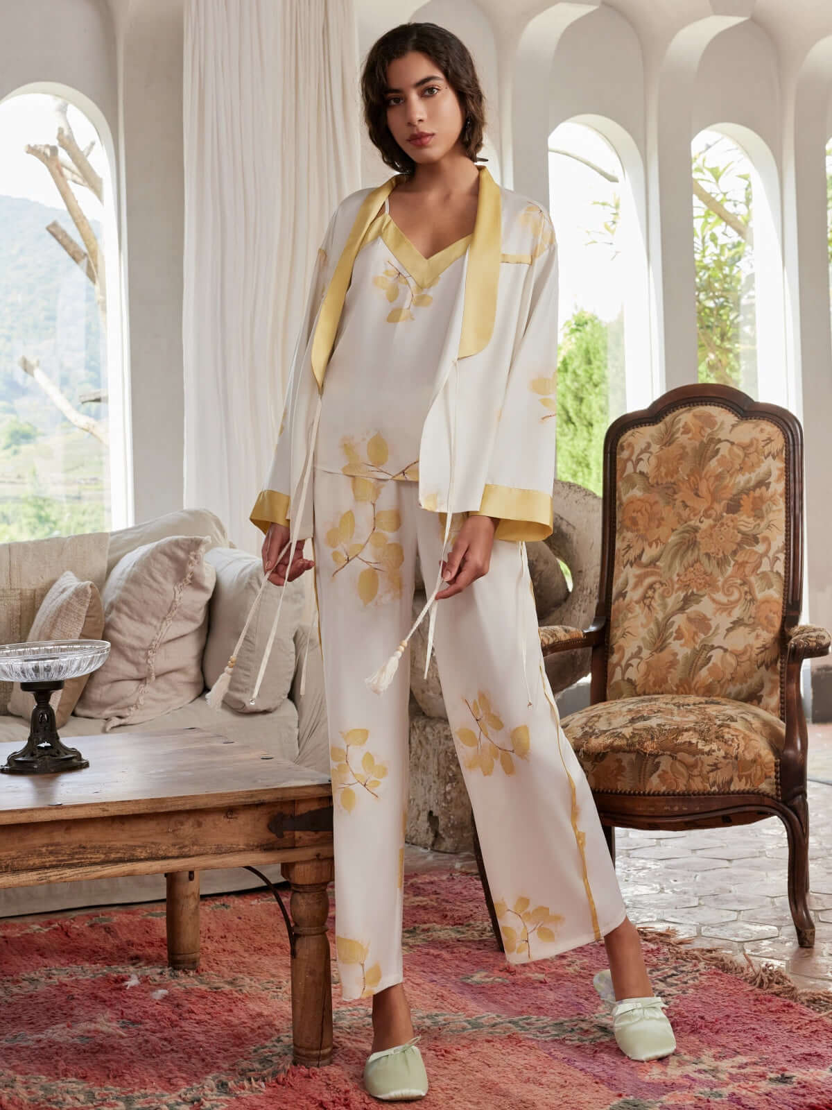 Leaves Printed Pajama Set 3Pcs with Robe Camisole and Pants