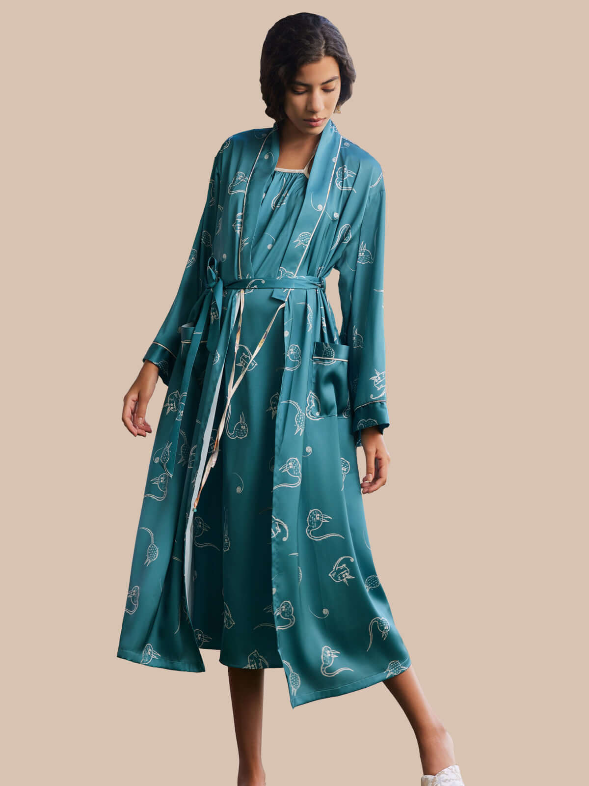 Green Cartoon Pajama Set 2Pcs with Long Robe and Dress