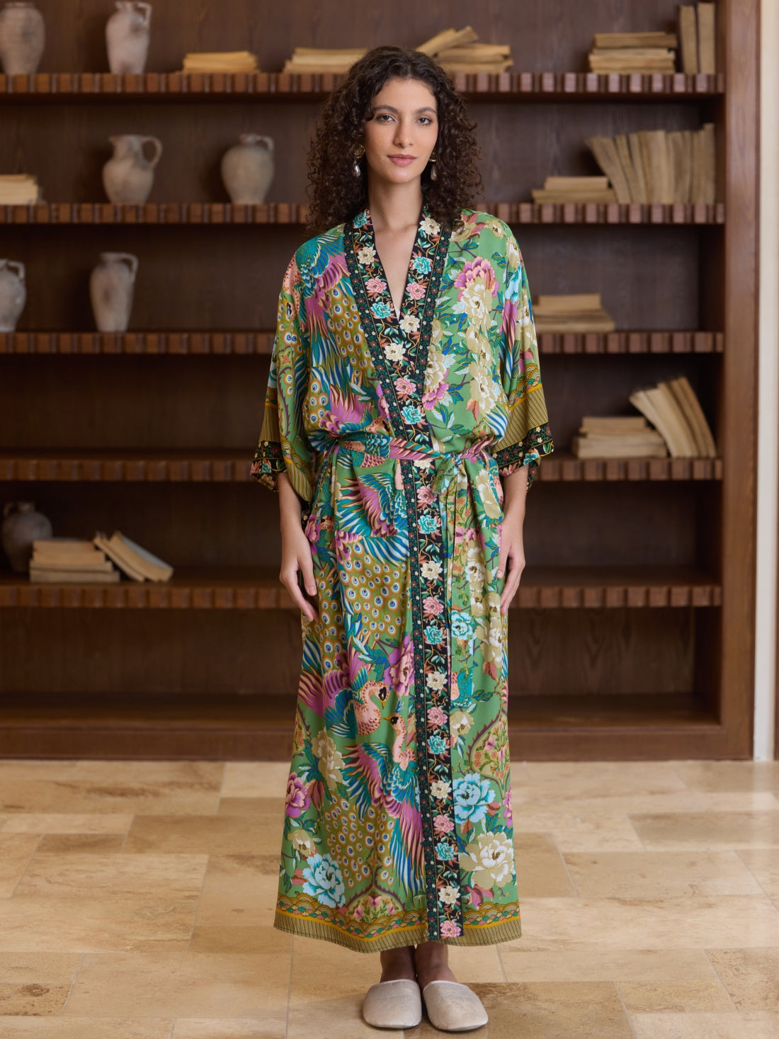 Green Phoenix Bloom Cotton Kimono Robe