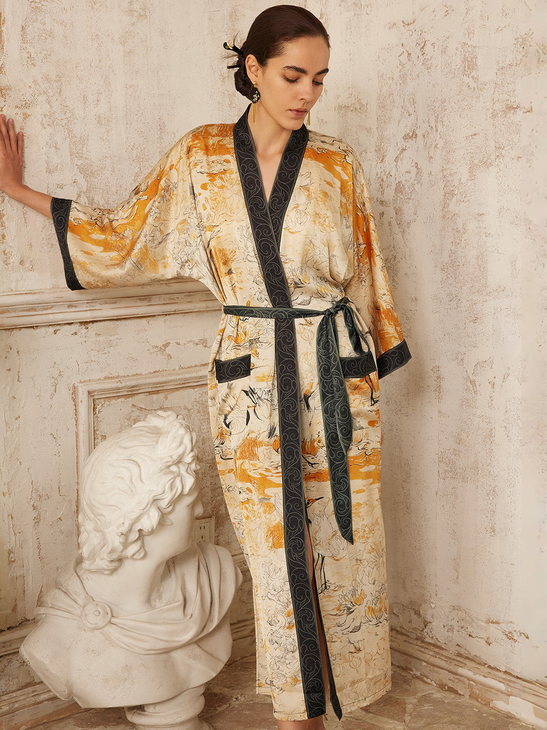 Elegant Yellow Crane & Lotus Kimono Robe with Pockets