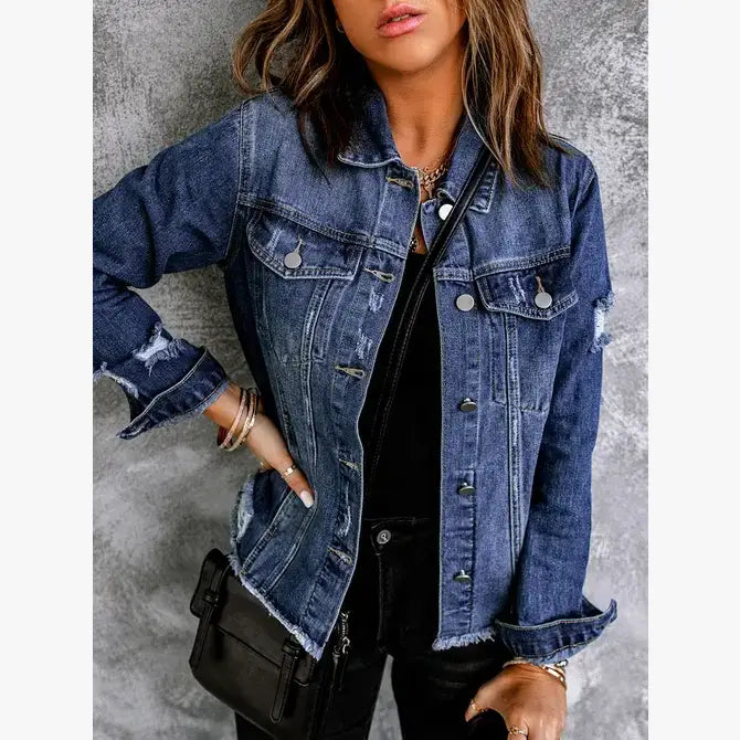 Blue Distressed Denim Jacket with Raw Hem & Buttons